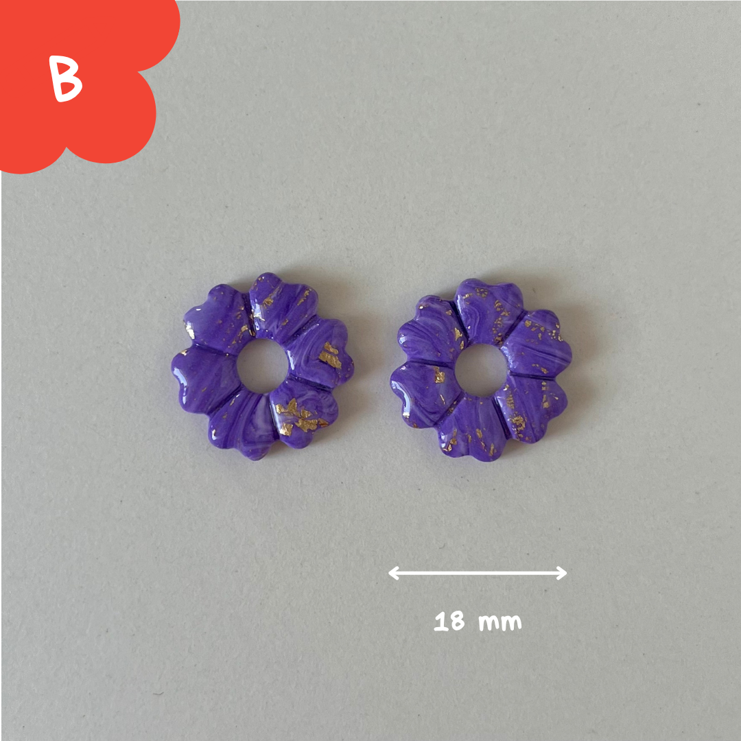 Pampilles fleur trèfle mauves et dorées